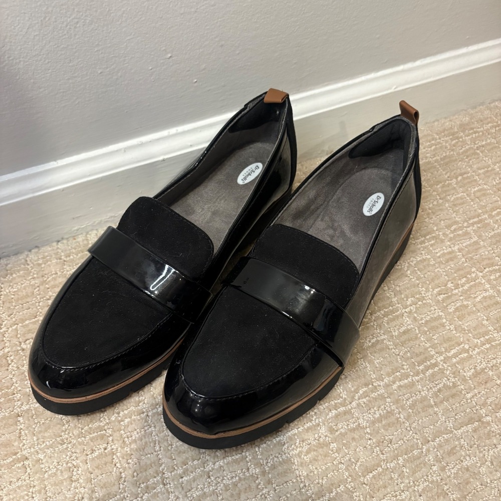 Dr. Scholl's Platform Loafer Women 10M Black Patent Suede Mixed Media Lug Sole